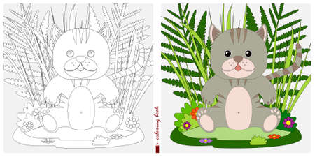 Black-and-white and color images for a color book. Outline drawing with children's themes. A kitten is sitting in a clearing among flowers and ferns. For color books, children's prints, postcards.のイラスト素材