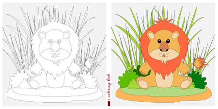 Black-and-white and color images for a color book. Contour drawing with children's themes. A small lion cub is sitting in a clearing among reeds and ferns. For color books, children prints, postcardsのイラスト素材