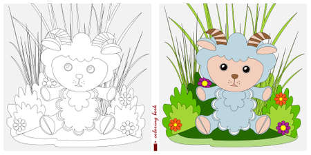 Black-and-white and color images for a color book. Contour drawing with children's themes. A sheep sits on a lawn among flowers and bushes. For color books, children's prints, postcards.のイラスト素材