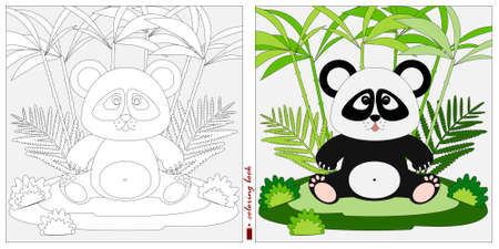 Black and white and color images for a color book. Contour drawing with children's themes. A small Panda cub sits in a clearing among reeds and ferns. For color books, children's prints, cards.のイラスト素材