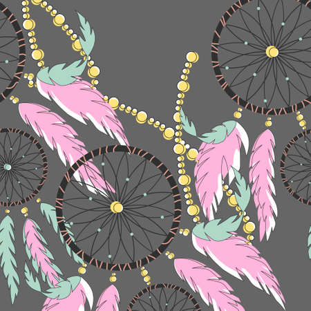 A dream catcher with feathers is drawn. Ethnic art with native American boho design, a mysterious symbol. Vector illustration suitable for poster, postcard, website, fabric.のイラスト素材
