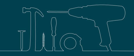 Vector icons of construction tools on a blue background. The image can be used for a business card, leaflet, signboard, website, booklet.のイラスト素材