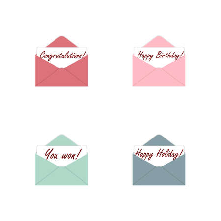 A set of envelopes with greetings. Happy Birthday! Happy Holidays! You won! Congratulations! Isolated on a white background. You can use it for a banner, flyer, invitation, website, or greeting card.のイラスト素材