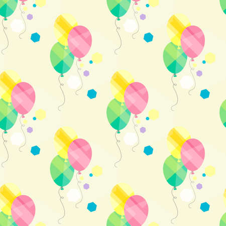 Colorful balloons on a light background. Seamless color pattern with balloons and confetti. Decorative background with balloons and confetti. Graphic printing for fabrics, textiles, wrapping paper.のイラスト素材