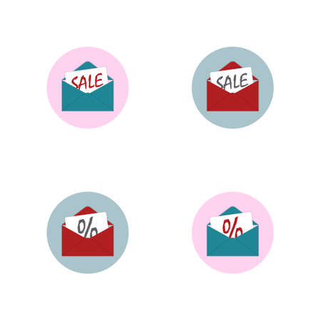 A set of color icons isolated on a white background. An open envelope and a piece of paper. Offer discounts, sales and promotions. Great offer for stores and websites.のイラスト素材