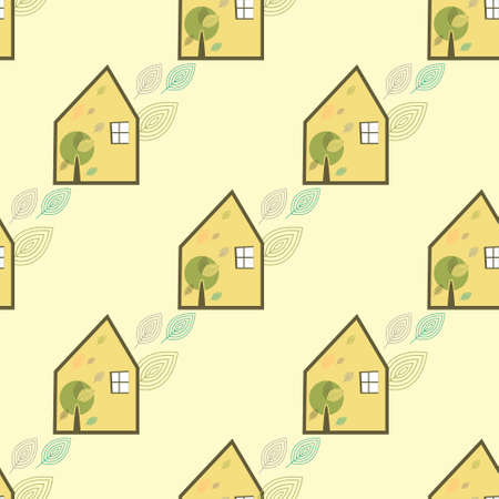 Seamless color pattern with house, tree and foliage. Decorative background with foliage. Graphic printing for fabrics, textile industry, wrapping paper.のイラスト素材