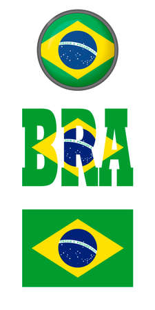 Icons of the flag of Brazil on a white background. Vector image: a button, a Brazilian flag, an abbreviation. You can use it to create a website, print brochures, booklets, flyers, stickers.のイラスト素材