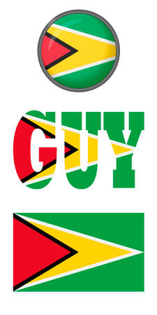 Icons of the flag of the Republic of Guyana on a white background. Vector image: flag, button and abbreviation. You can use it to create a website, print brochures, booklets, leaflets, travel guides.のイラスト素材