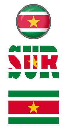 Icons of the flag of Suriname on a white background. Vector image: flag of Suriname, the button and the abbreviation. You can use it to create a website, print brochures, booklets, leaflets.のイラスト素材