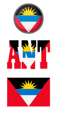 Icons of the flag of Antigua and Barbuda on a white background. Vector image: flag, the button and the abbreviation. You can use it to create a website, print brochures, booklets, leaflets.のイラスト素材
