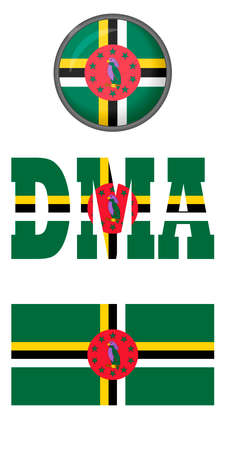 Icons of the flag of Dominica on a white background. Vector image: button, flag of Dominica and abbreviation. You can use it to create a website, print brochures, booklets, flyers, and travel guides.のイラスト素材