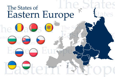 A set of icons for flags of Eastern Europe. Vector image of flags and maps of Europe on a white background. You can use it to create a website, print brochures, booklets, flyers, and travel guides.のイラスト素材