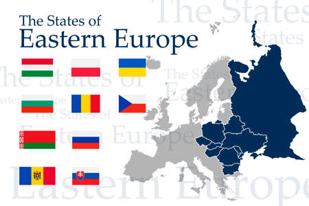 A set of icons for flags of Eastern Europe. Vector image of flags and maps of Europe on a white background. You can use it to create a website, print brochures, booklets, flyers, and travel guides.のイラスト素材