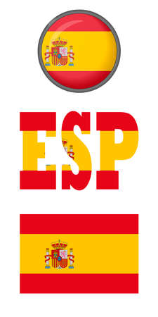 Spanish flag icons on a white background. Vector image: flag of Spain, the button and the abbreviation. You can use it to create a website, print brochures, booklets, flyers, and travel guides.のイラスト素材