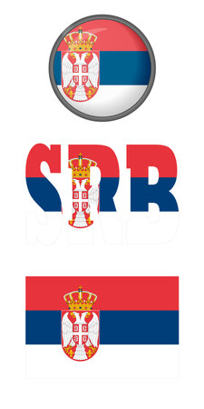 Serbian flag icons on a white background. Vector image: flag of Serbia, the button and the abbreviation. You can use it to create a website, print brochures, booklets, flyers, and travel guides.のイラスト素材