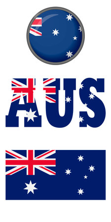 Australian flag icons on a white background. Vector image: flag of Australia, the button and the abbreviation. You can use it to create a website, print brochures, booklets, leaflets, travel guides.のイラスト素材