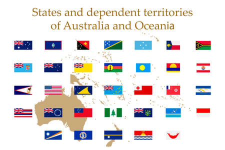 A set of flags of Australia and Oceania on a white background. Vector image of the flags of the states and dependent territories of Australia and Oceania. For a website, brochures, booklets, leaflets.のイラスト素材