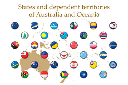 A set of flags of Australia and Oceania on a white background. Vector image of the flags of the states and dependent territories of Australia and Oceania. For a website, brochures, booklets, leaflets.のイラスト素材