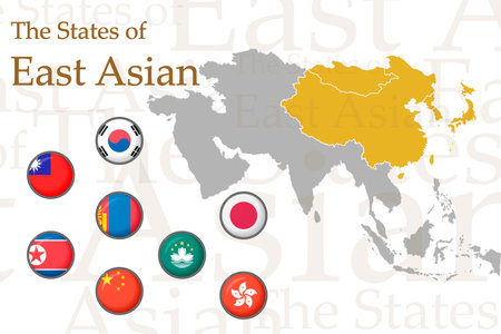 Set of icons for East Asian flags. Vector image of flags and maps of Asia on a white background. You can use it to create a website, print, brochures, booklets, leaflets, and travel guides.のイラスト素材