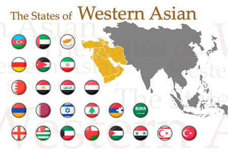A set of icons for flags of Western Asian countries. Vector image of flags and maps of Asia on a white background.のイラスト素材