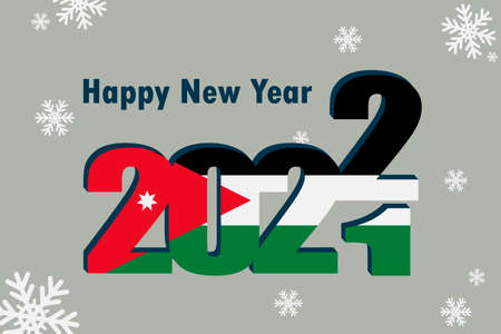 New year's card 2022. Depicted: element of the flag of Jordan, festive inscription and snowflakes.のイラスト素材