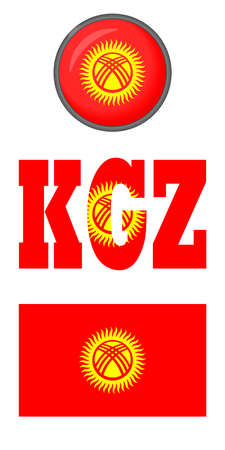 Icons of the flag of Kyrgyzstan on a white background. Vector image: button, flag of Kyrgyzstan and abbreviation.のイラスト素材