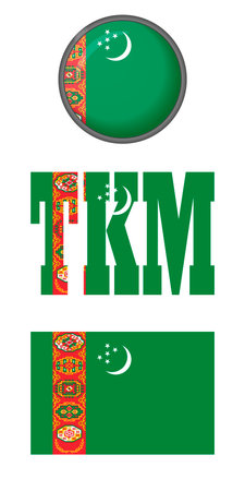 Icons of the Turkmen flag on a white background. Vector image: button, flag of Turkmenistan and abbreviation.のイラスト素材