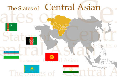 A set of icons for flags of Central Asian countries. Vector image of flags and geographical map of Asia on a white background. You can use it to create a website, print brochures, booklets, leaflets.のイラスト素材