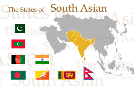 A set of icons for South Asian flags. Vector image of flags and maps of Asia on a white background. You can use it to create a website, print brochures, booklets, flyers, and travel guides.のイラスト素材