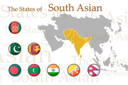 A set of icons for South Asian flags. Vector image of flags and maps of Asia on a white background. You can use it to create a website, print brochures, booklets, flyers, and travel guides.のイラスト素材