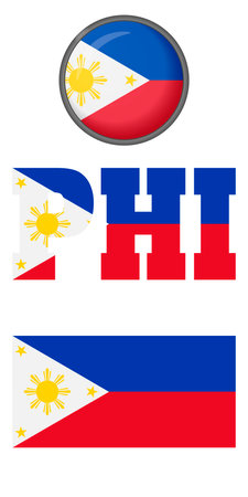 Icons of the Philippine flag on a white background. Vector image: flag of the Philippines, button and abbreviation. You can use it to create a website, print brochures, booklets, leaflets.のイラスト素材