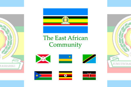 A set of East African community flag icons on a white background. Vector image of the flags of the States of the East African community. You can use it to create a website, print brochures, booklets.のイラスト素材