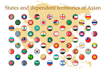 A set of Asian flag icons on a white background. Vector image of flags of States and dependent territories of Asia. You can use it to create a website, print brochures, booklets, and flyers.のイラスト素材