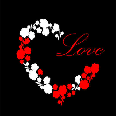 Floral pattern on a dark background. Vector image of flowers, buds and leaves in the shape of a heart. You can use it to print business cards, postcards, price tags, booklets, valentines.のイラスト素材