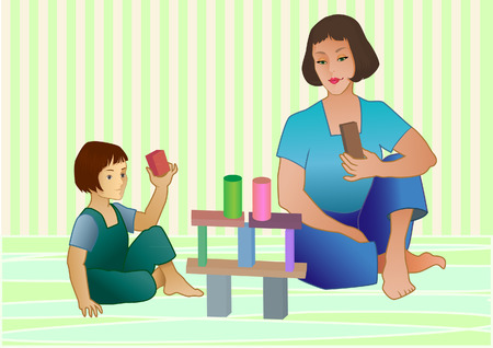 mother and child play with bricksのイラスト素材