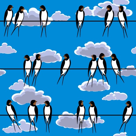 swallows perched on a wire against blue sky seamlessのイラスト素材