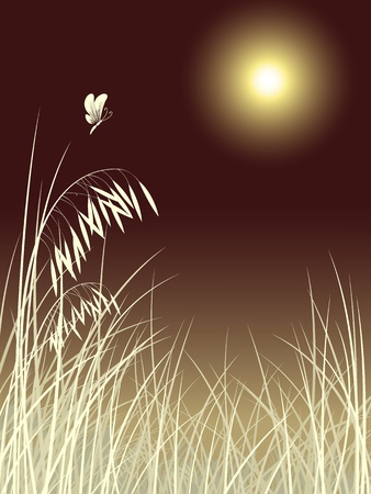 vector butterfly grass in moon night patternのイラスト素材