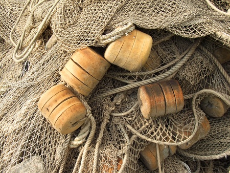 foam plastic float, old fishing nets closeup