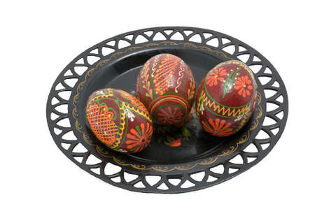 Colorful eggs on ornament  plate for Christianity  holiday easter