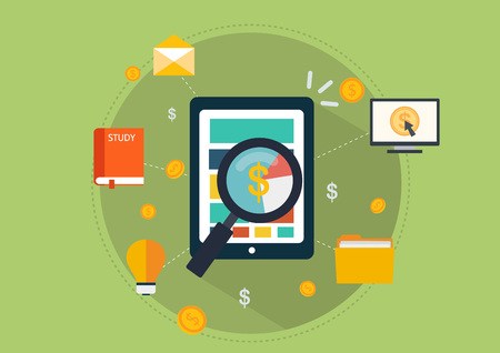 Illustration, icon, flat icon, flat design, flat, business, finance bank, bank, banking, money, currency, foreign currency, stock, securities, tech tech, smart phone, magnifier, bulb, folderのイラスト素材