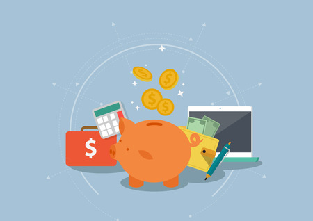 Illustration, icon, flat icon, flat design, flat finance, bank, mobile banking, money, foreign currency, stocks, securities, tech, smart phone, Piggy bank, saving, calculatorのイラスト素材