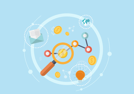 Illustration, icon, flat icon, flat design, flat, business, finance bank, bank, banking, money, currency, foreign currency, stock, securities, tech tech, smart phone, magnifier, bulb, folderのイラスト素材