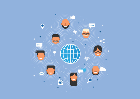 Illustration of business, smart phone, mobile phone, corporate, global, network, face, emoticon, and earth in flat designのイラスト素材