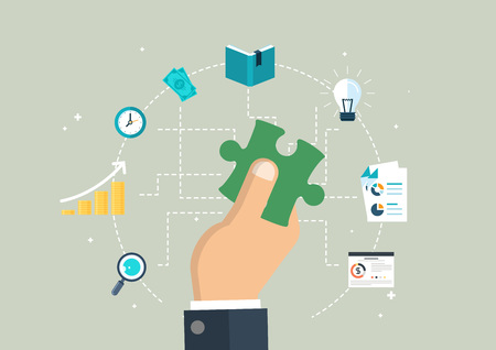 Illustration of business, smart phone, mobile phone, corporate, block, puzzle, and network in flat designのイラスト素材