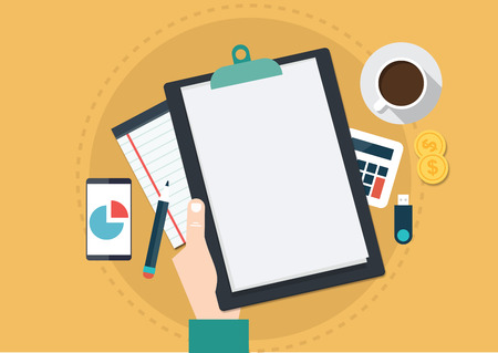 Illustration of business, smart phone, mobile phone, corporate, document, calculator, document, and graph in flat designのイラスト素材