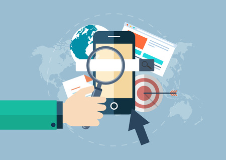 Illustration of business, smart phone, mobile phone, corporate, hand, magnifying glass, world map, map, arrow, and search in flat designのイラスト素材