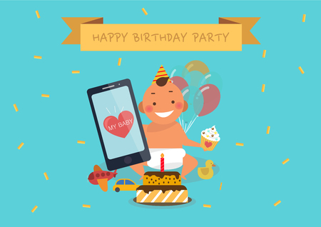 Icon, flat icon, flat design, flat, event, party, ceremony, sale, banner, pop, season, smartphone, gift box, one hundred day feast feast, first birthday cake birthday child infantのイラスト素材
