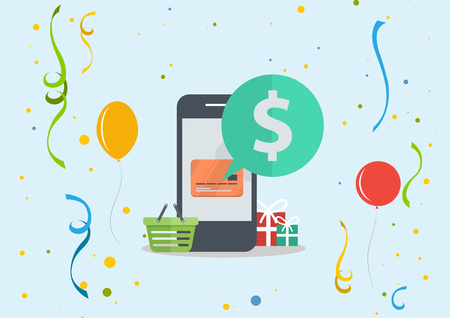 Illustration, icon, flat icon, flat design, flat, event, party, occasion, sale, banner, pop, season, smartphone, gift box, shopping, discount, payment, cartのイラスト素材