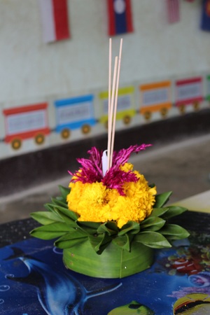 banana leave vessel Loy Krathong Dayの写真素材