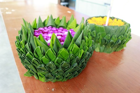 banana leave vessel Loy Krathong Dayの写真素材